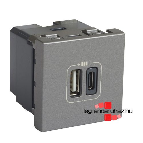 Legrand 079392, Program Mosaic Kettős USB-A és USB-C - 230 V - 5 V, 2 Modul, Alumínium