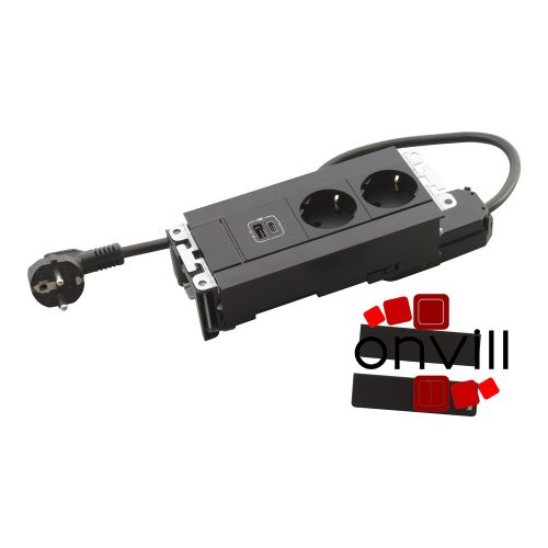 Legrand 654786, Incara Multilink - Bútorba Süllyeszthető, 6 Modul, 2X2P+F + USB-A+C Aljzat, 2M Kábellel, Fekete