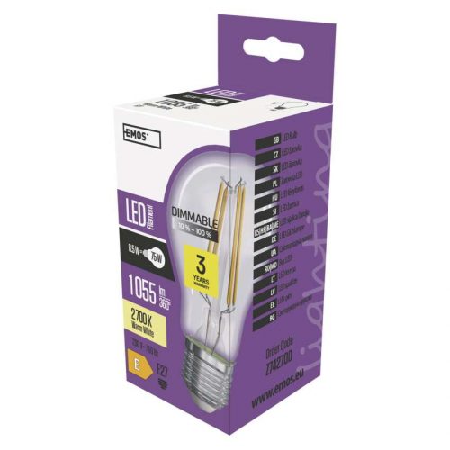 EMOS Z74270D, LED izzó Filament A60 / E27 / 8,5 W (75 W) / 1 055 lm / meleg fehér / dimmelhető