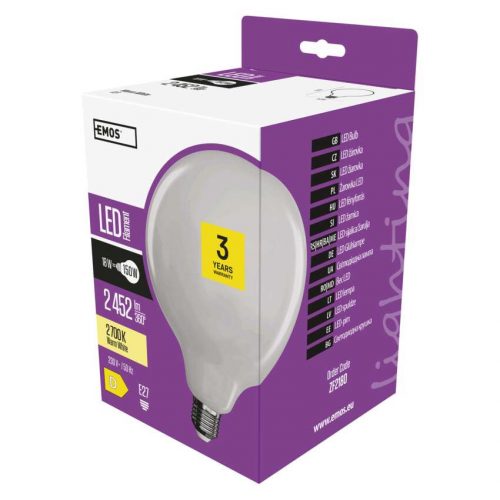 EMOS ZF2180, LED izzó Filament gömb / E27 / 18 W (150 W) / 2 452 lm / meleg fehér