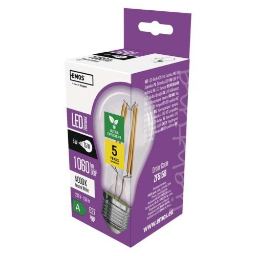 EMOS ZF5158, LED izzó Filament A60 / E27 / 5 W (75 W) / 1 060 lm / természetes fehér