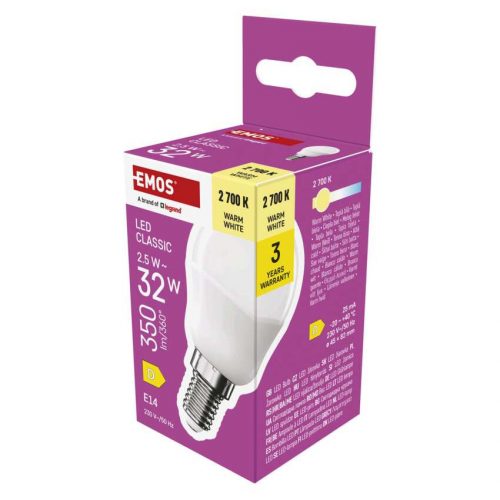 EMOS ZQ1D11, LED izzó Classic Mini Globe / E14 / 2,5 W (32 W) / 350 lm / Meleg fehér