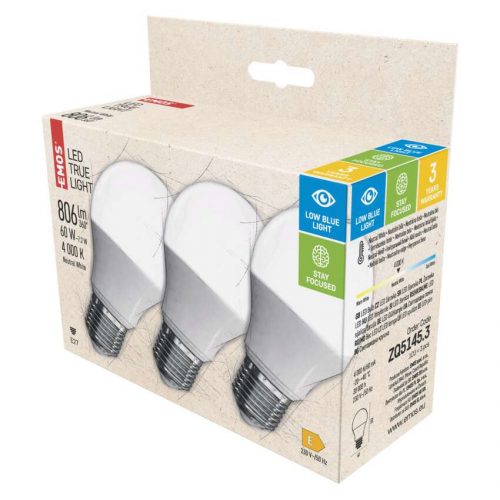 EMOS ZQ5145.3, LED izzó True Light A60 / E27 / 7,2 W (60 W) / 806 lm / természetes fehér 3db