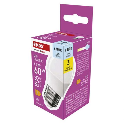 EMOS ZQ6E44, LED izzó Classic Mini Globe / E27 / 6,5 W (60 W) / 806 lm / Hideg fehér